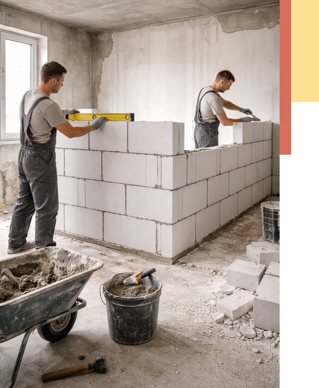 Кладка перегородок из ПГП в Альметьевске от 2595 руб./м2 — монтаж и возведение под ключ | ОТДЕЛОЧНИК-Льм