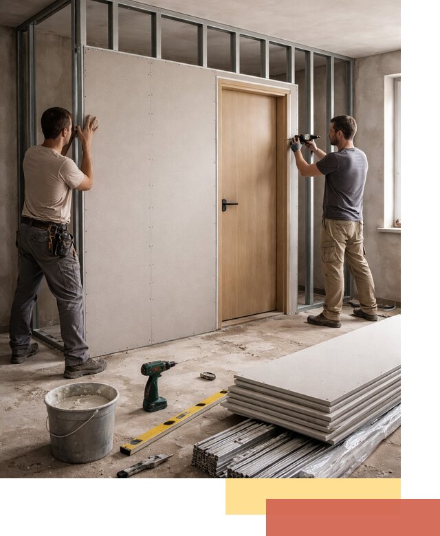 Перегородка из гипсокартона с дверью под ключ в Альметьевске