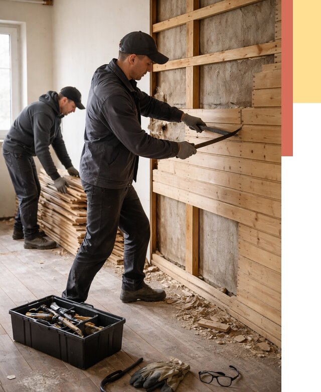 Демонтаж вагонки в Альметьевске от 3944 руб/м2 — быстро и недорого | ОТДЕЛОЧНИК-Льм