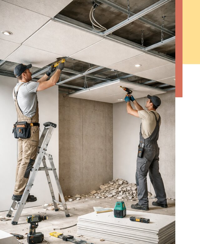 Монтаж акустического потолка в Альметьевске от 6747 руб/м2 — быстро и недорого | ОТДЕЛОЧНИК-Льм