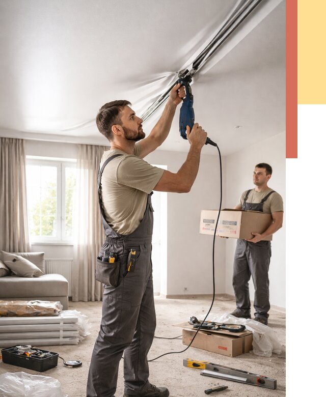 Монтаж сатинового натяжного потолка в Альметьевске от 3633 руб. | Быстро, недорого — ОТДЕЛОЧНИК-Льм