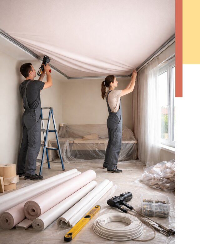 Монтаж цветного натяжного потолка в Альметьевске от 4360 руб/м² — быстро и недорого | ОТДЕЛОЧНИК-Льм