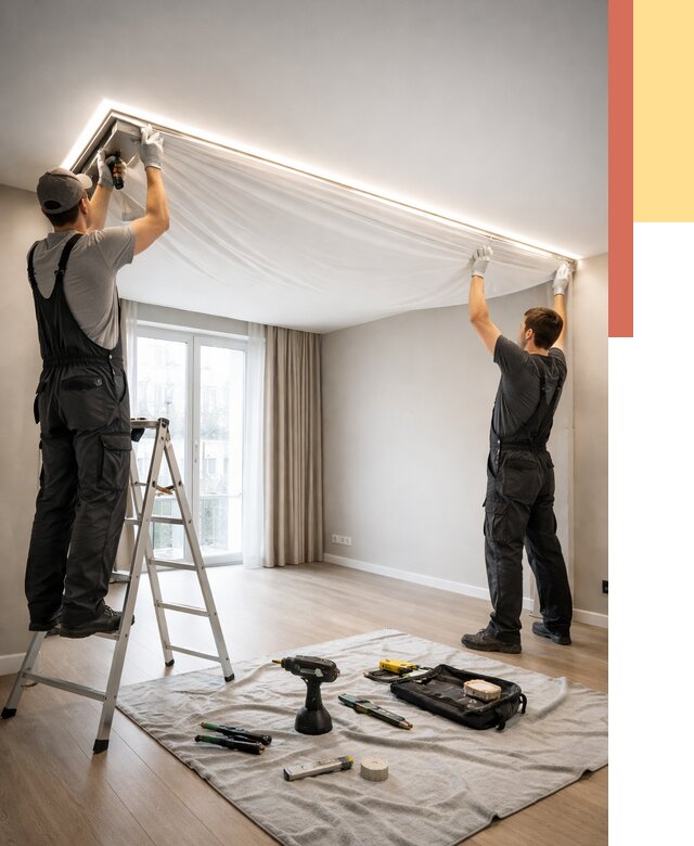 Монтаж парящего натяжного потолка в Альметьевске от 4671 руб. быстро и недорого | ОТДЕЛОЧНИК-Льм