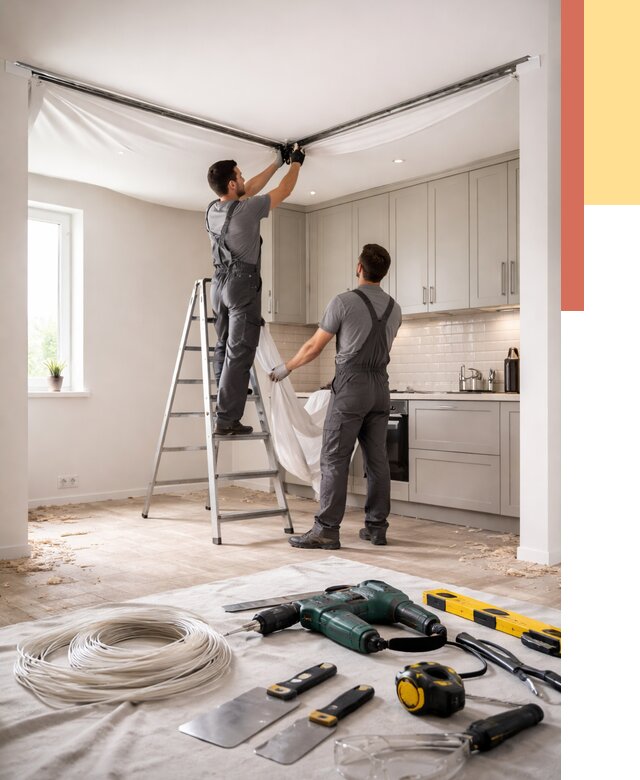 Установка натяжного потолка на кухне в Альметьевске от 2491 руб. | ОТДЕЛОЧНИК-Льм