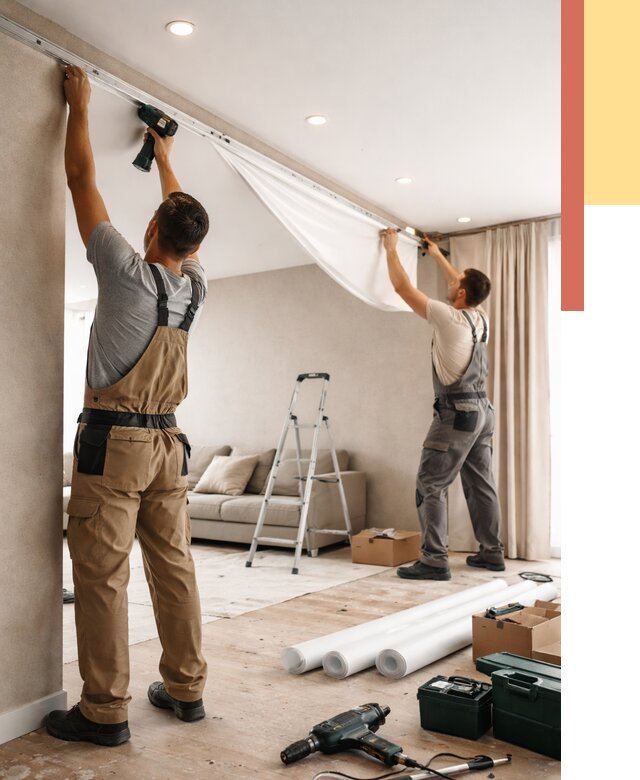 Монтаж натяжного потолка в гостиной в Альметьевске от 571 руб. | ОТДЕЛОЧНИК-Льм