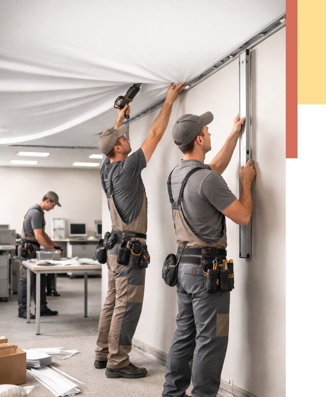 Монтаж натяжного потолка в офисе в Альметьевске от 467 руб/м² — быстро и недорого | ОТДЕЛОЧНИК-Льм