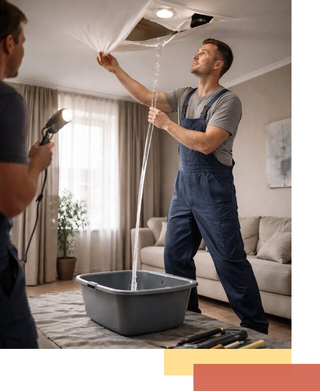 Слив воды с натяжного потолка в Альметьевске быстро и аккуратно